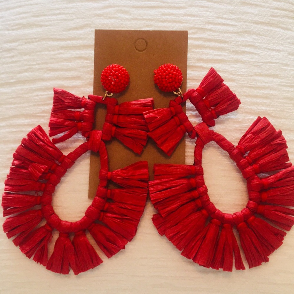 Red beautiful bead and raffia drop earrings.